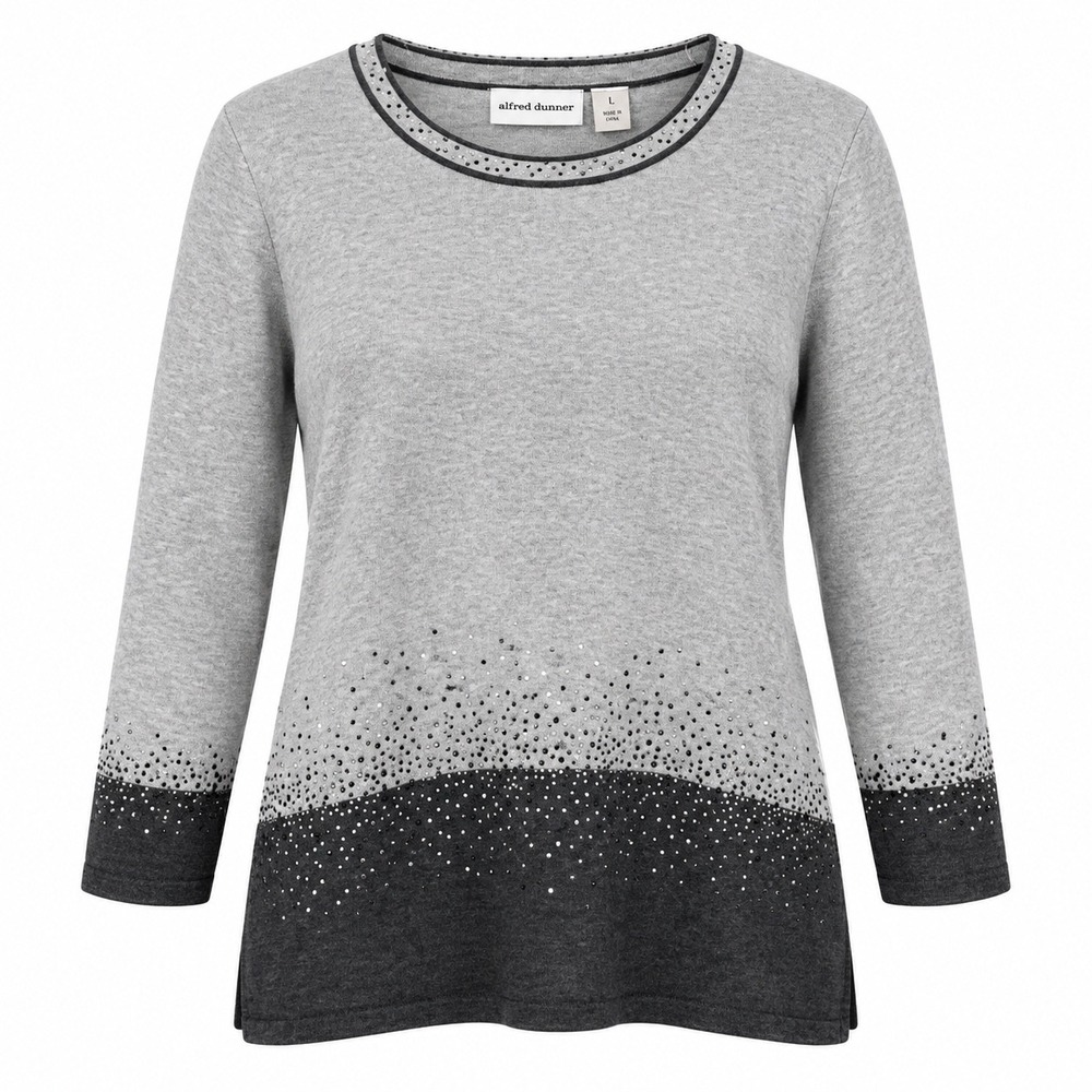 Alfred Dunner Womens Sweater L Cotton Gray Rhinestone Colorblock Embellished